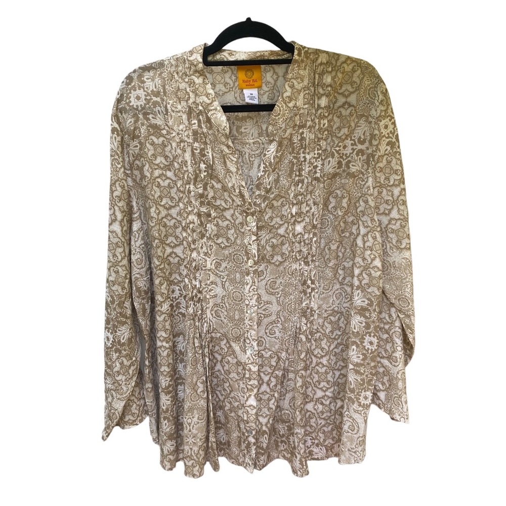Ruby Rd. Collarless Roll Tab Sleeve Tunic Top Cream & Tan Sz 3X Pin Tucks EUC